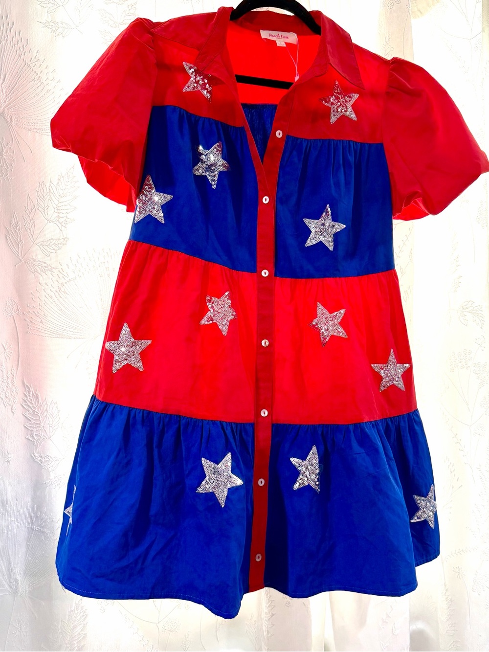 Peach Love California Red and Blue Sequin Star Dress